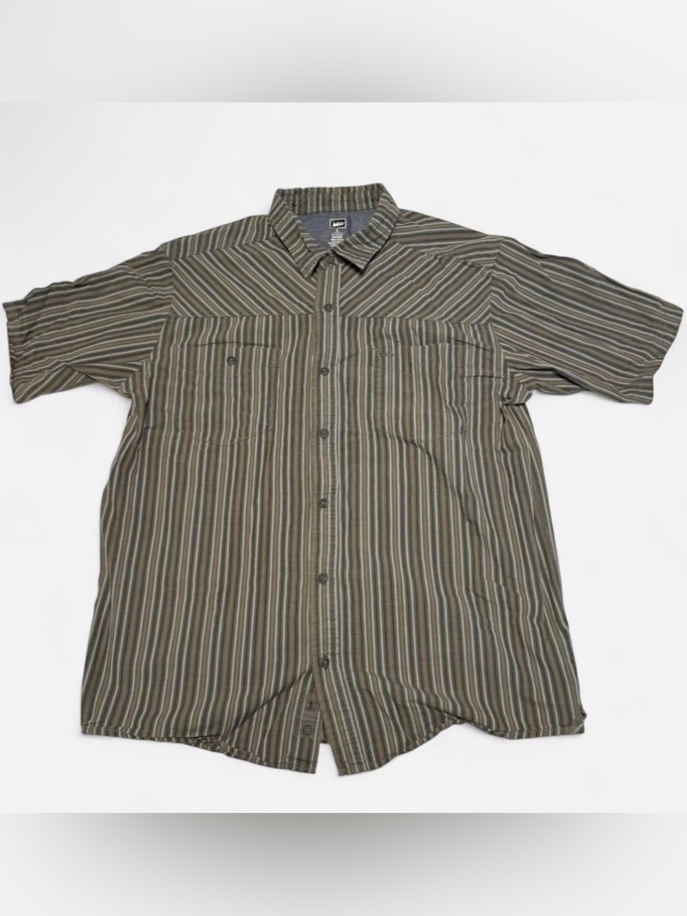 REI Men's Olive and Brown Striped Button-Down Shirt